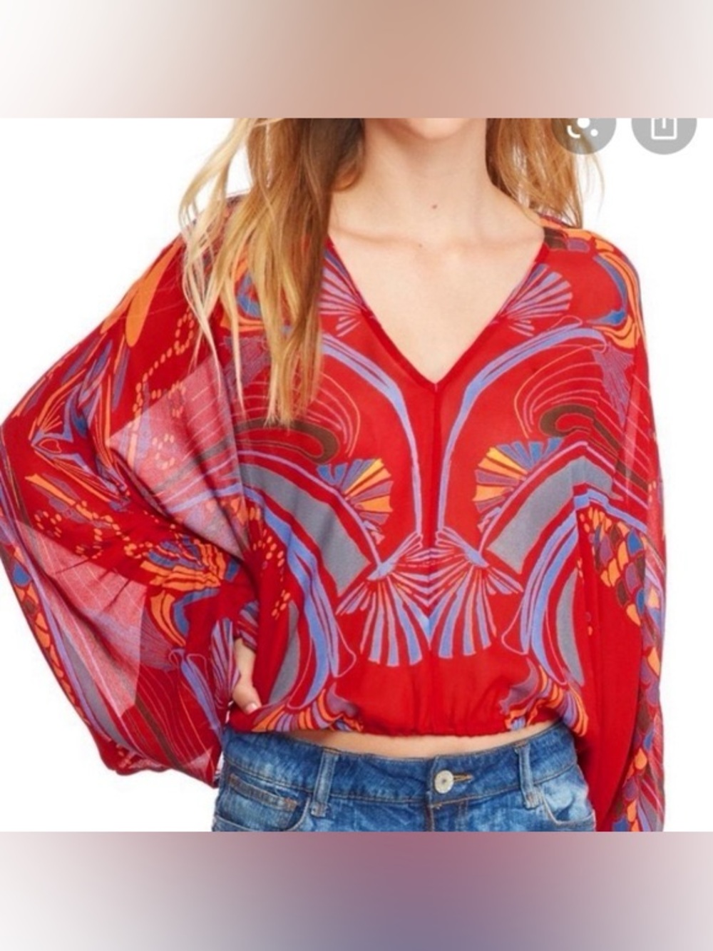 Free People "Beneath the Sea" Dolman Sleeve Top Blouse Red Sheer Boho Art Crop S